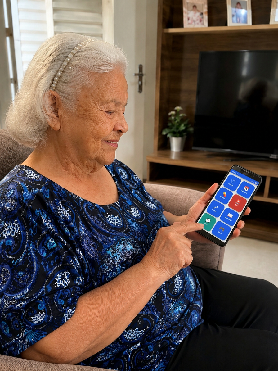 Mãe do Eduardo usando o App do Idoso